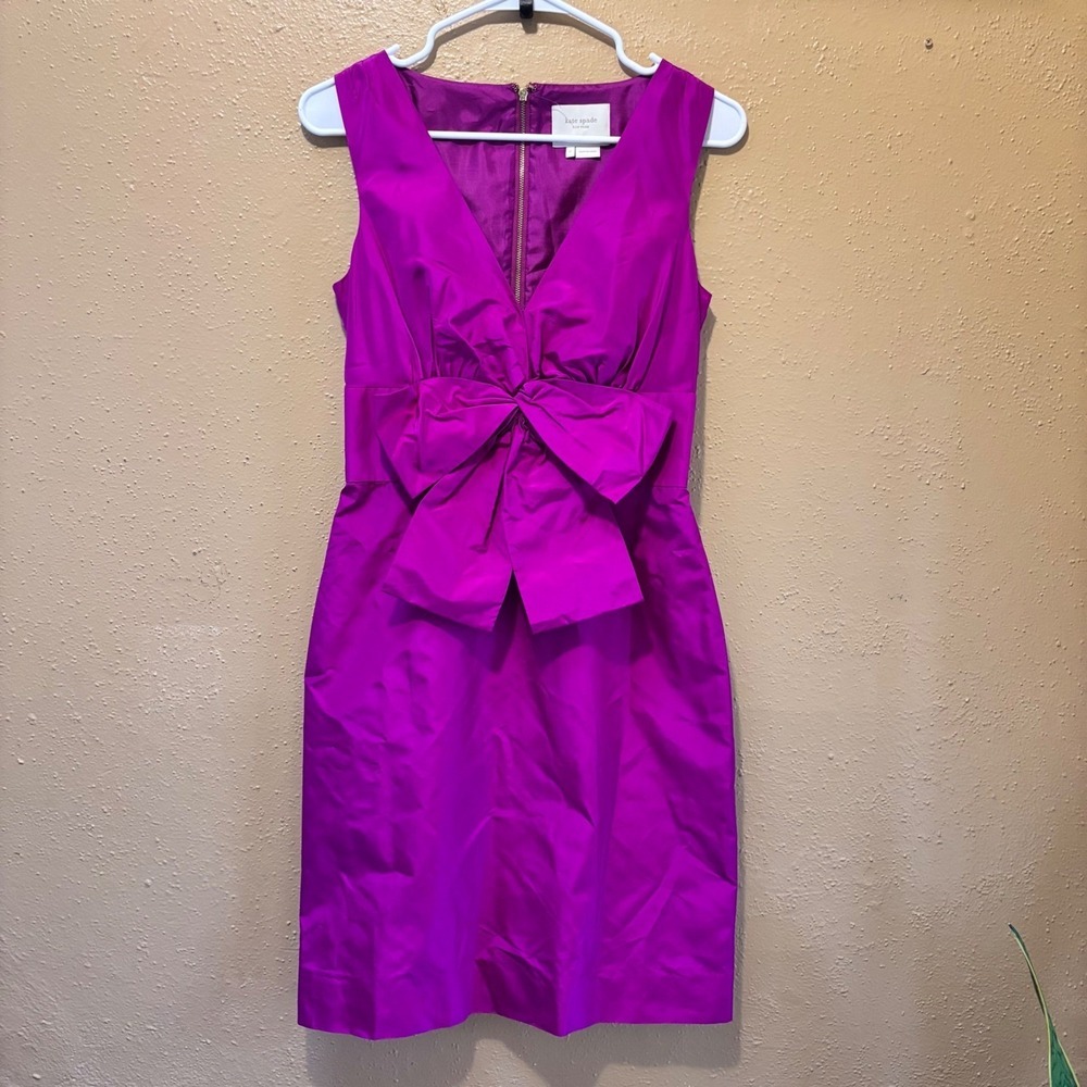 Kate Spade New York Magenta Pink 100% Silk Oversized Bow V-Neck Cocktail Dress 2 - Picture 2 of 10